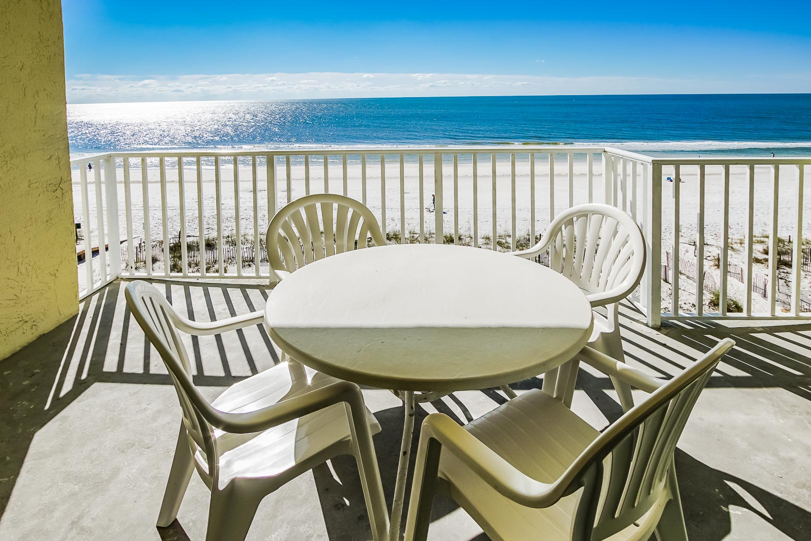 A beautiful view of the beach from the balcony at VRI's Shoreline Towers in Gulf Shores, Alabama.